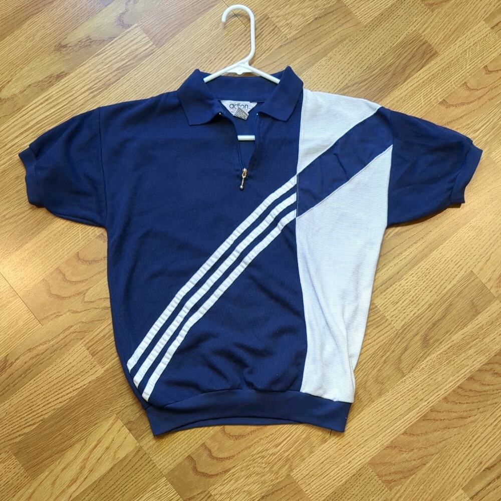 Vtg. Action Knit Polo Zip Up Short Sleeve Shirt Large Made In Hong Kong Small
